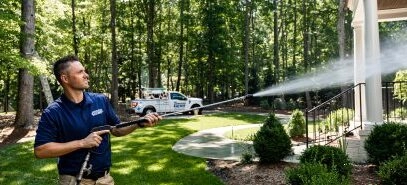 A Window Hero professional pressure washing a large home's exterior surfaces.