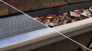 A comparison image showing a gutter guard on one side and a gutter clogged with leaves on the other side.